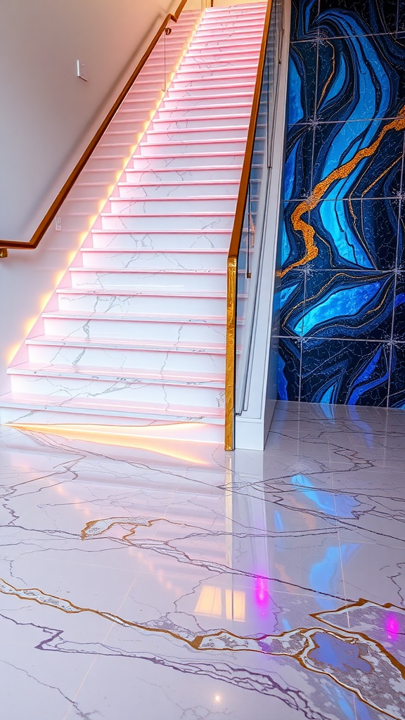 Modern stairs featuring iridescent epoxy resin finish with white and gold marble patterns.