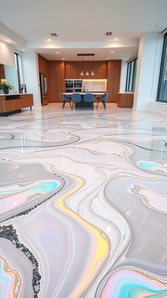 A beautiful iridescent pearl effect epoxy floor design in a modern home kitchen.