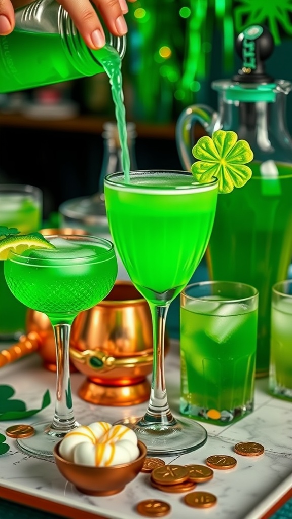 A vibrant green cocktail served in a glass, garnished with a clover leaf, symbolizing St. Patrick's Day.