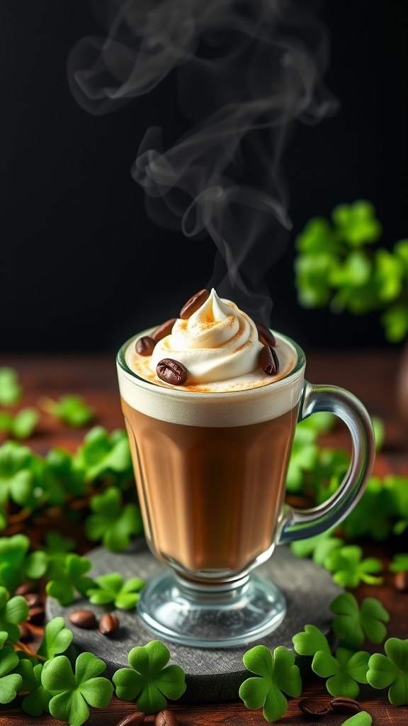 A steaming cup of Irish coffee topped with whipped cream and coffee beans, surrounded by green clovers.