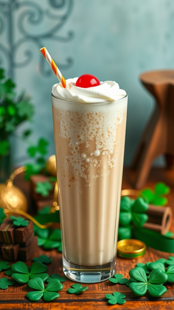 A refreshing Irish Cream Soda topped with whipped cream and a cherry, surrounded by festive decorations.