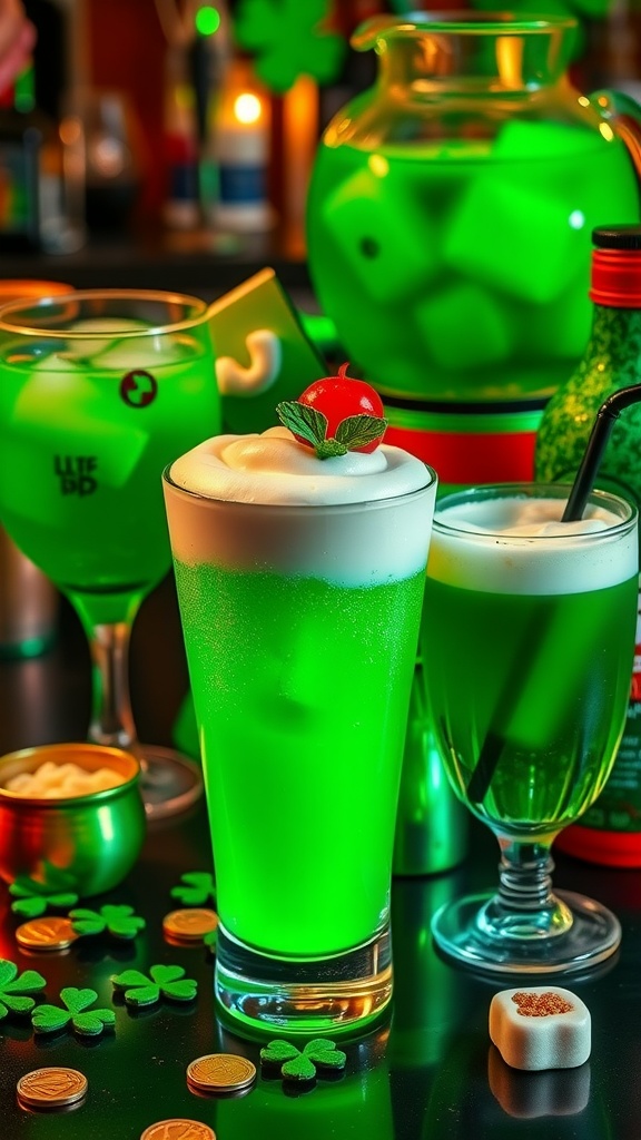 A vibrant Irish Cream Soda Float with whipped cream and cherry garnish, set against festive St. Patrick's Day decorations.