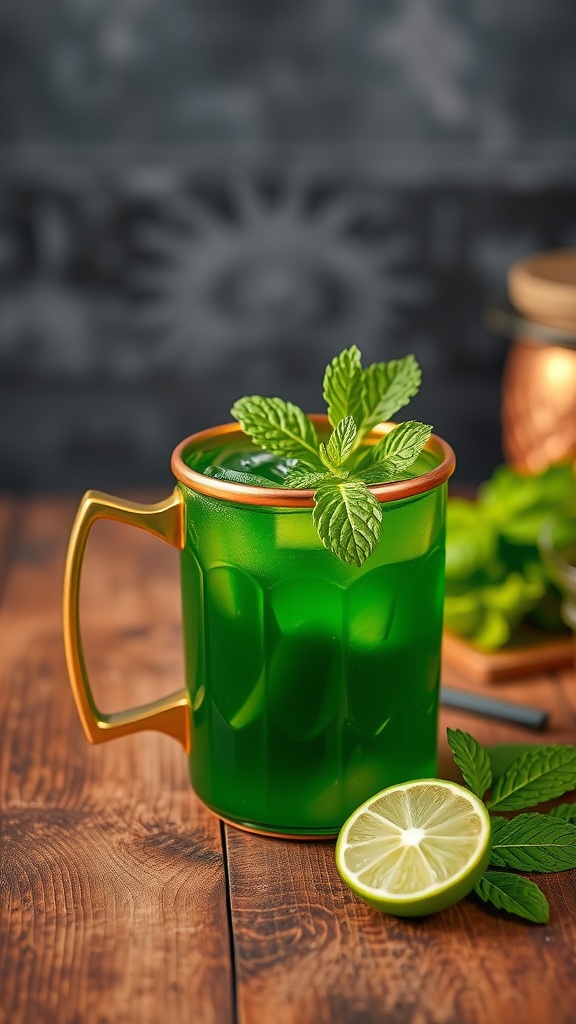 A vibrant green Irish Mule cocktail garnished with mint and lime