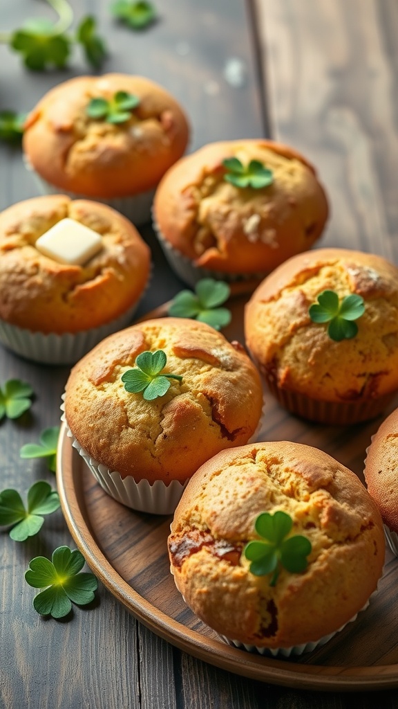 Irish Soda Bread Muffins topped with butter and clovers