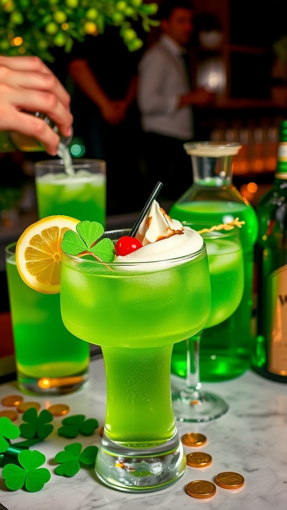 A vibrant green Irish Whiskey Sour cocktail garnished with mint and a cherry, perfect for St. Patrick's Day celebrations.