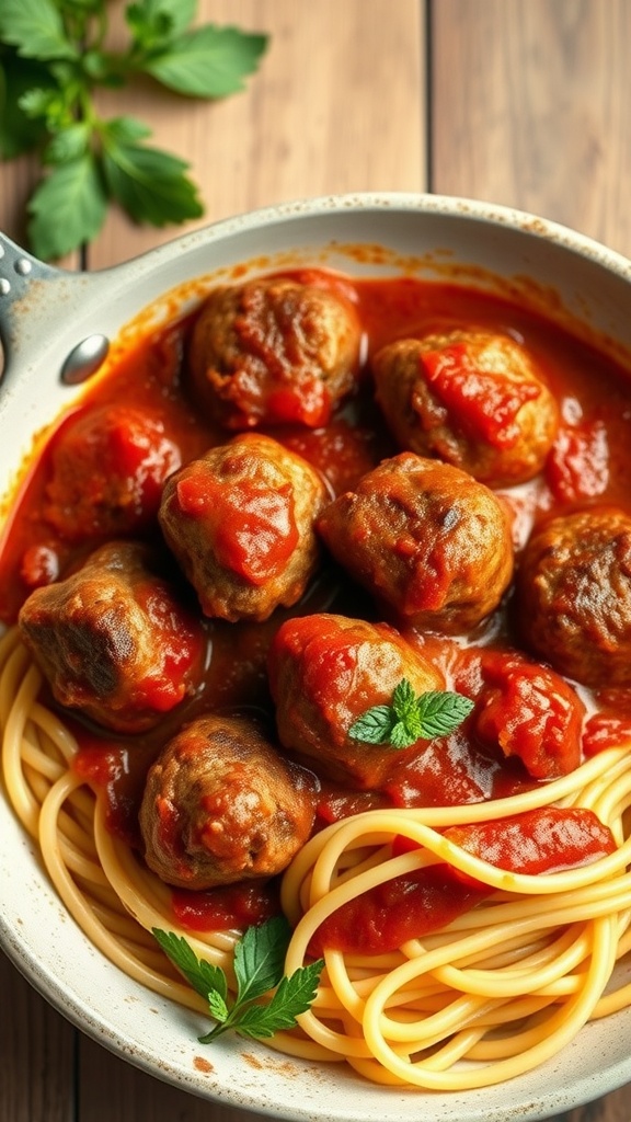 A plate of Italian beef meatballs served over spaghetti with marinara sauce.