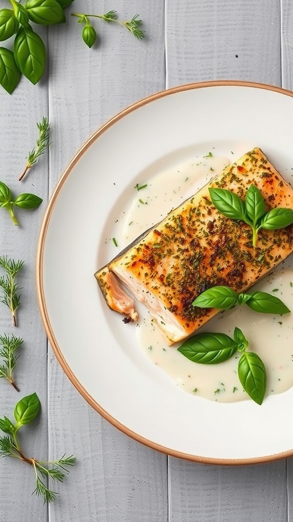 A beautifully plated piece of Italian Herb Crusted Salmon garnished with dill and basil.