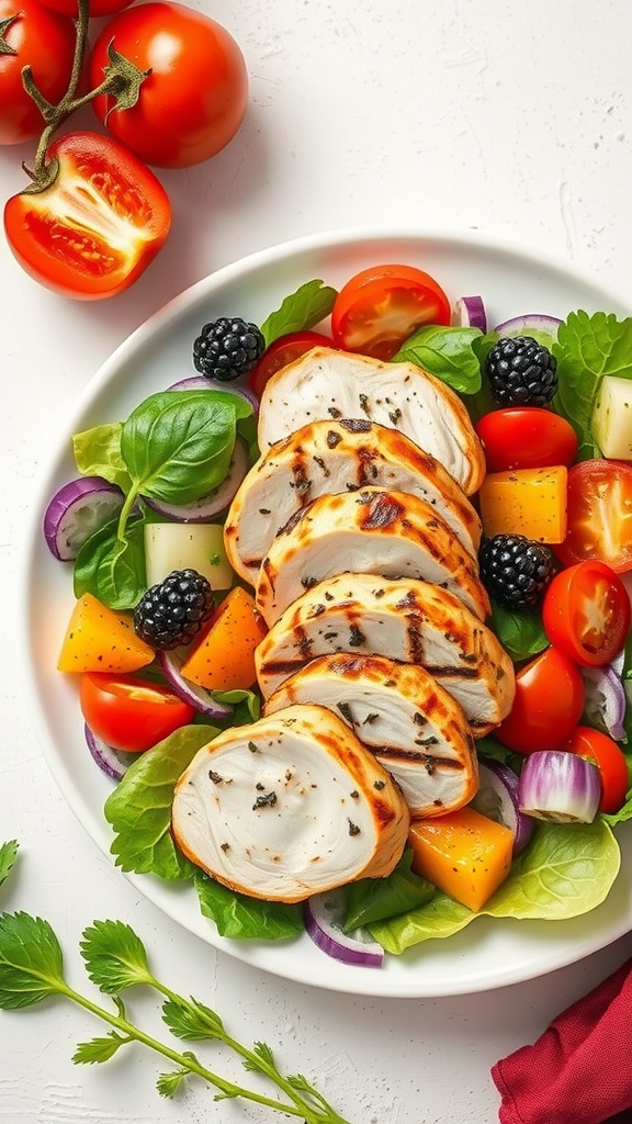 A vibrant salad with sliced grilled chicken, mixed greens, cherry tomatoes, cucumbers, red onions, and blackberries.