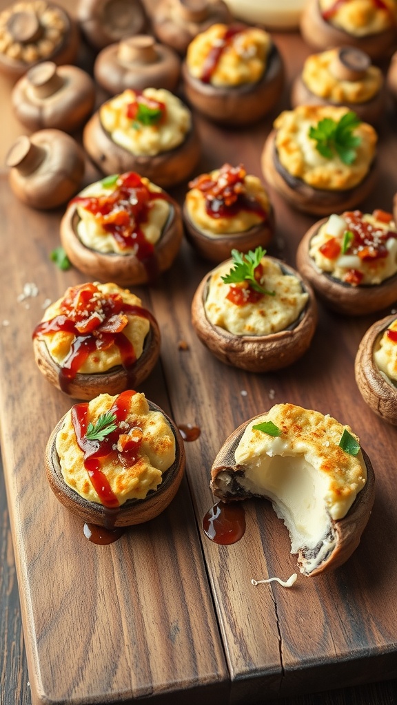 A platter of Italian sausage and cream cheese stuffed mushrooms, garnished and ready to serve.
