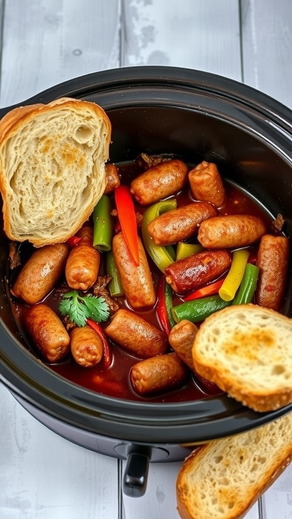 A delicious dish of Italian sausage and peppers in a crockpot.