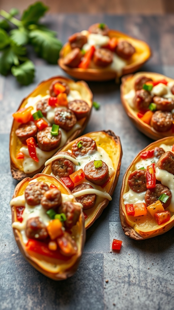 Delicious loaded potato skins topped with Italian sausage, peppers, and cheese.