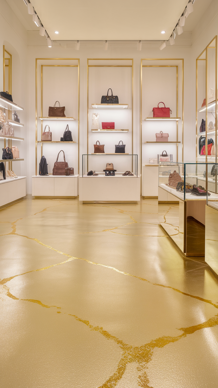 Interior view of a store showcasing ivory floor with golden veins and designer handbags.