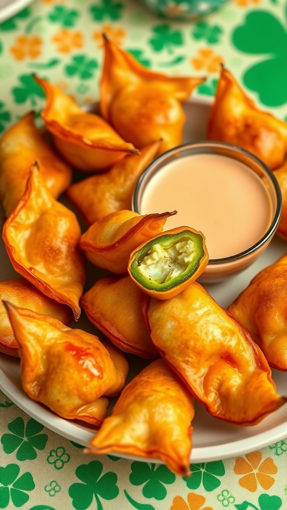 A plate of crispy jalapeño popper wontons served with a dipping sauce.