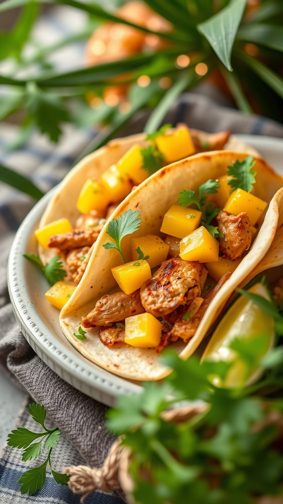 Jerk chicken tacos topped with mango salsa on a plate, garnished with cilantro.