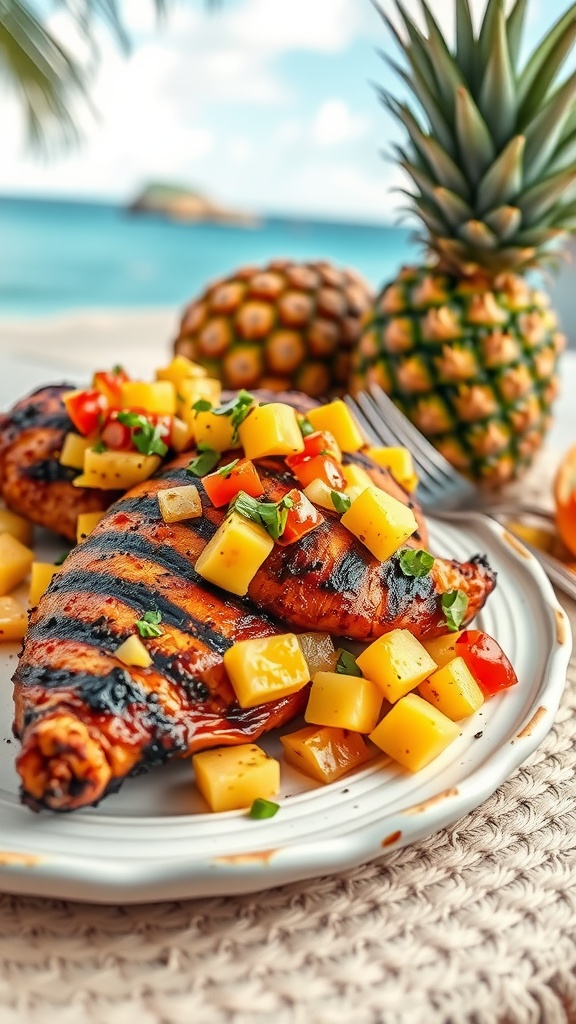 A plate of jerk grilled chicken topped with pineapple salsa