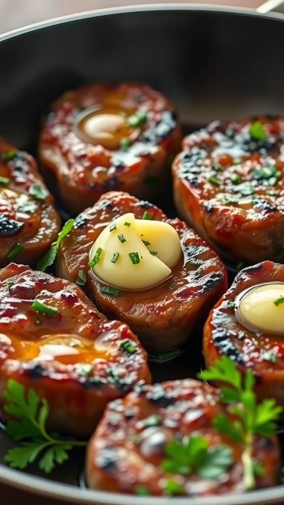 Juicy garlic butter steak bites cooked to perfection in a skillet, garnished with herbs and butter.