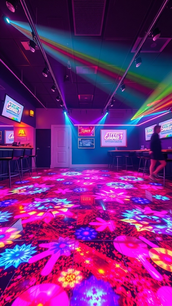 A colorful epoxy floor design featuring floral patterns and vibrant lighting.