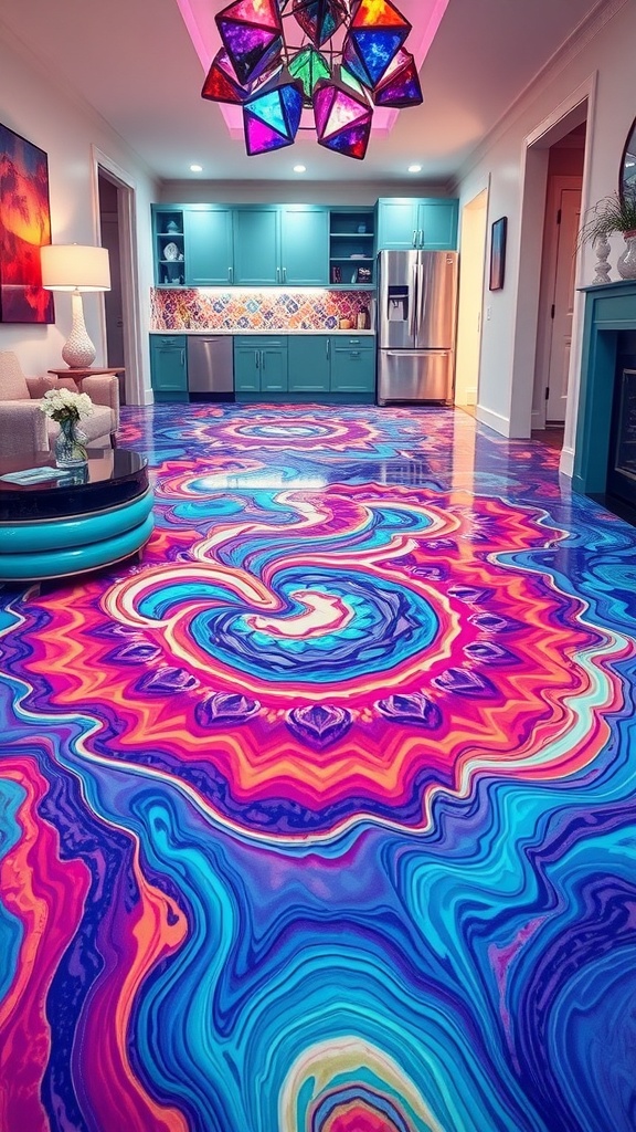 A vibrant epoxy floor design featuring swirling patterns in teal, pink, and purple, creating an artistic effect in a modern kitchen.