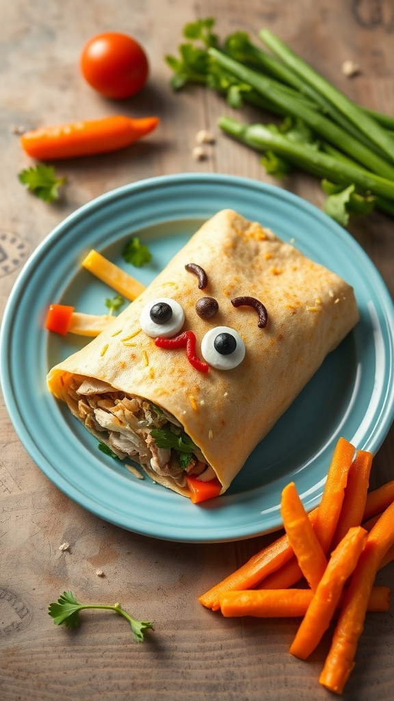 Kid-friendly cheesy garlic chicken wrap with a smiling face made from veggies and cheese.