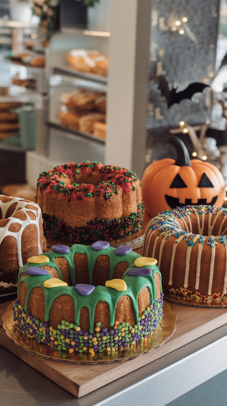 A vibrant King Cake decorated with colorful icing and sprinkles.