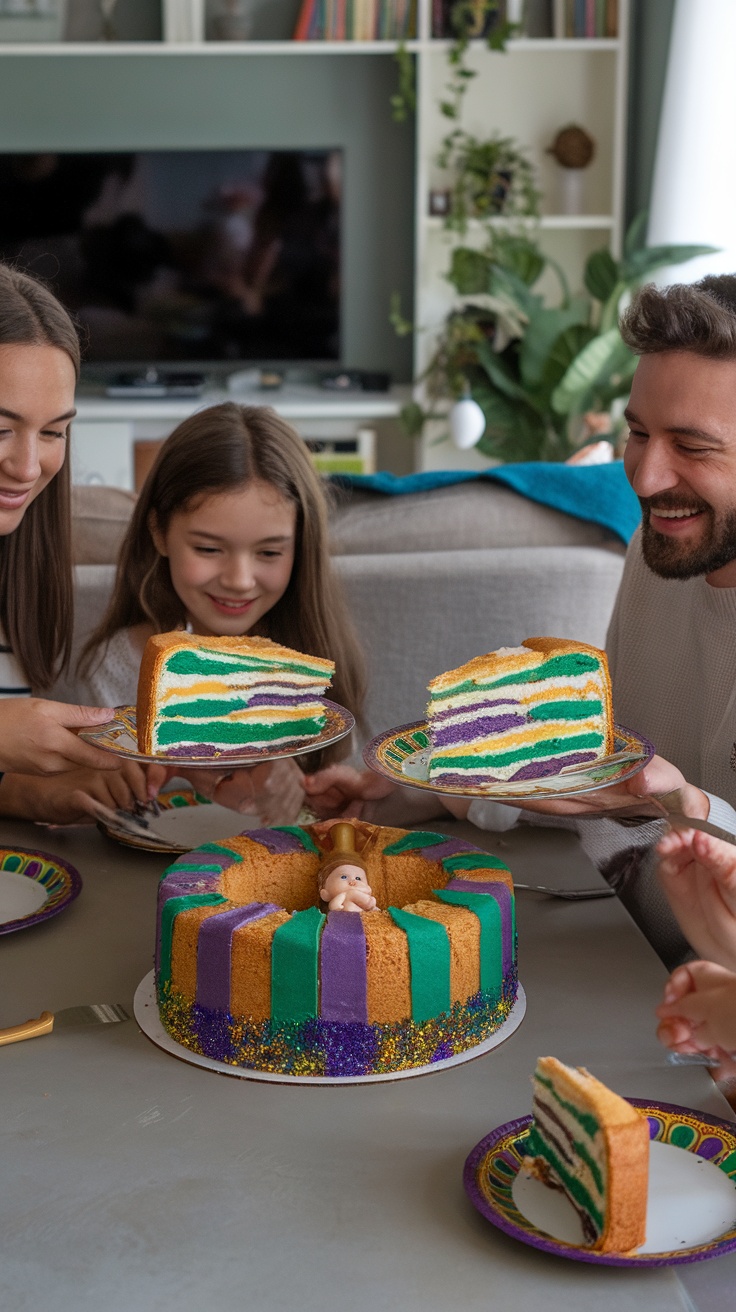 A family gathered around a table celebrating with a King Cake, enjoying moments together.