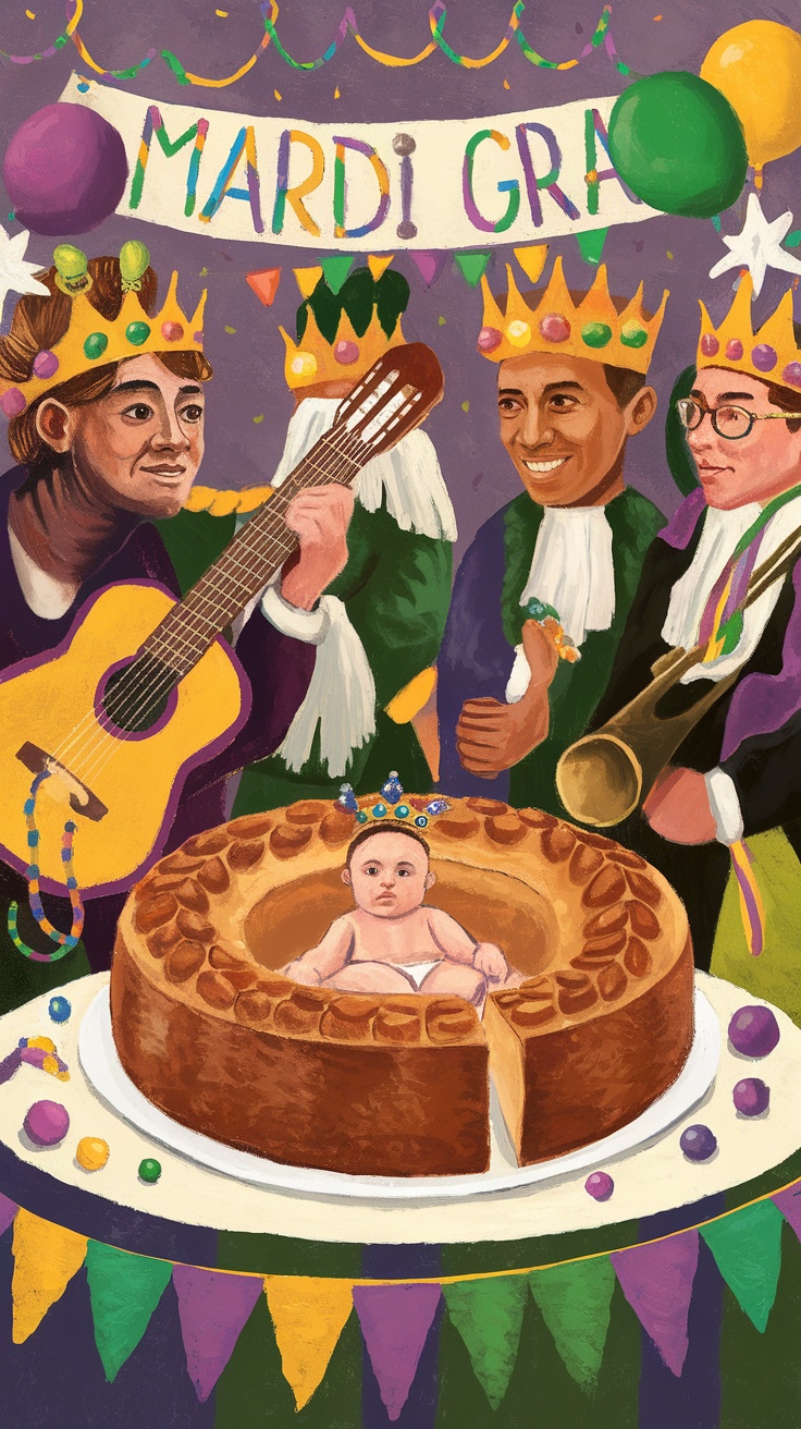 A beautifully decorated King Cake with vibrant colors, representing a Mardi Gras tradition.