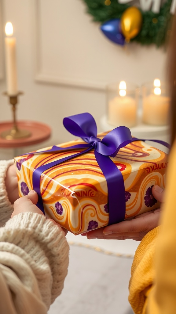 A beautifully wrapped gift with a purple ribbon, symbolizing the joy of giving King Cake.