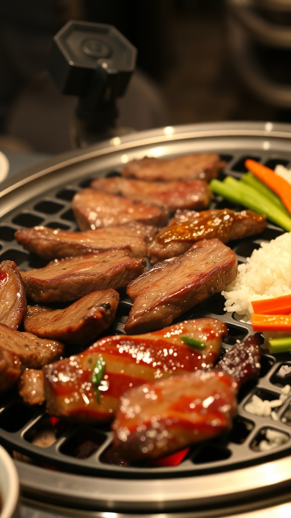 A platter of beautifully grilled Korean BBQ beef bulgogi, served with colorful vegetables and rice.