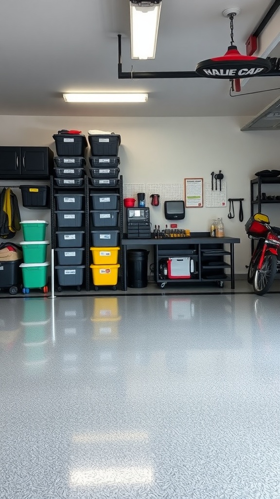 Organized garage with labeled storage bins and a shiny epoxy floor.