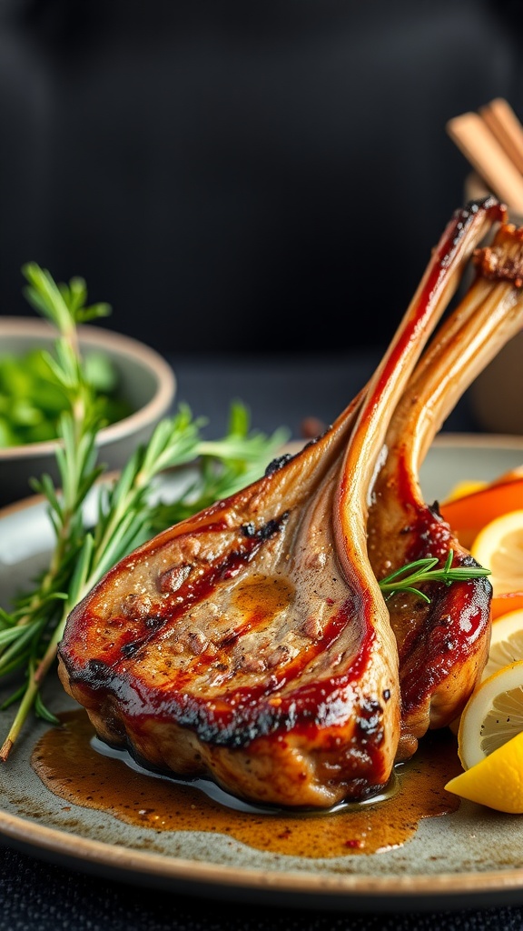 Lamb chops garnished with rosemary and served with lemon slices.