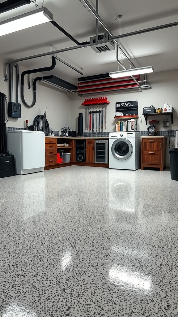 A clean and organized garage workshop with a polished epoxy floor, featuring laundry appliances and storage.