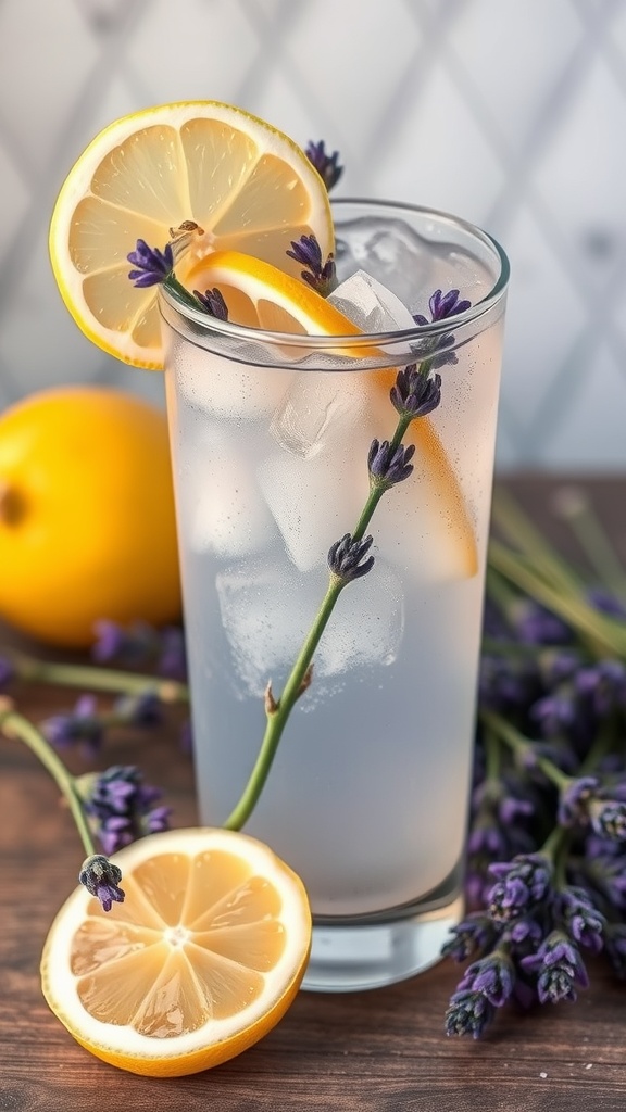 A refreshing glass of lavender infused lemonade with lemon slices and lavender sprigs.