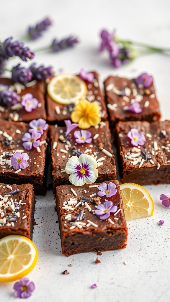 Delicious Lavender Lemon Brownies topped with edible flowers and lemon slices.