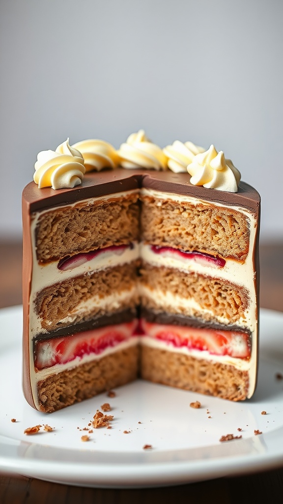 A beautifully layered Neapolitan cake with chocolate, vanilla, and strawberry flavors.