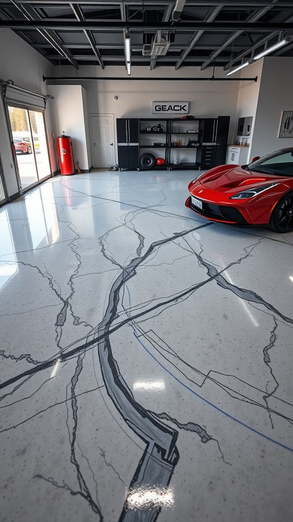 A luxury garage interior featuring a layered epoxy floor with a marble-like design and a red sports car.