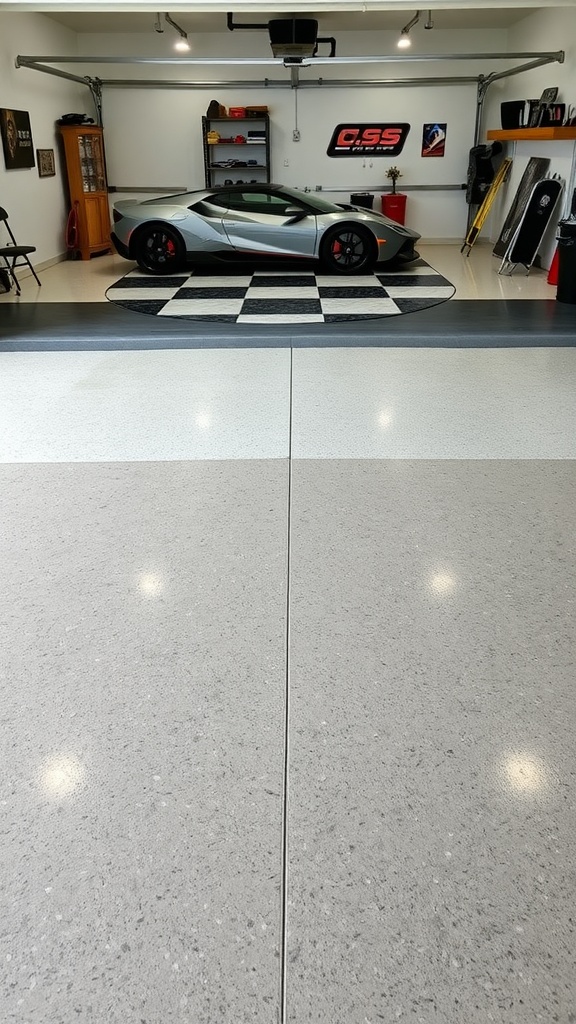 A sleek, finished garage floor showcases layered epoxy techniques, with a shiny surface and a stylish design.