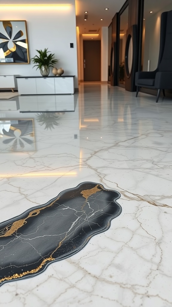 A beautifully designed floor featuring a layered epoxy technique with marble patterns and a black and gold accent.