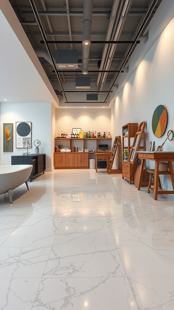 A spacious room featuring a marble epoxy floor with modern furniture.