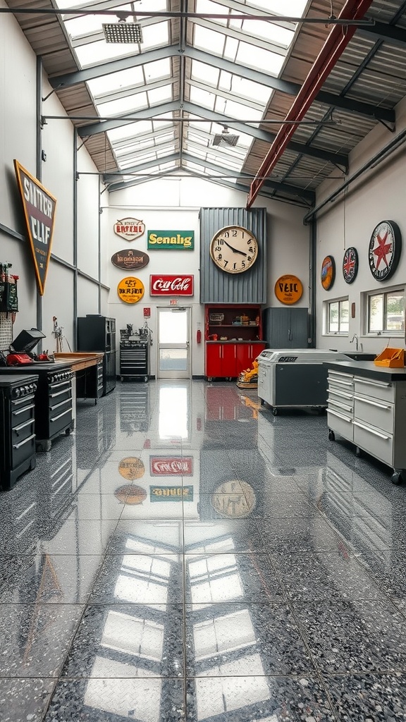 A well-lit modern workshop interior featuring a glossy epoxy floor with layered designs, showcasing a blend of colors and reflections from surrounding decor.