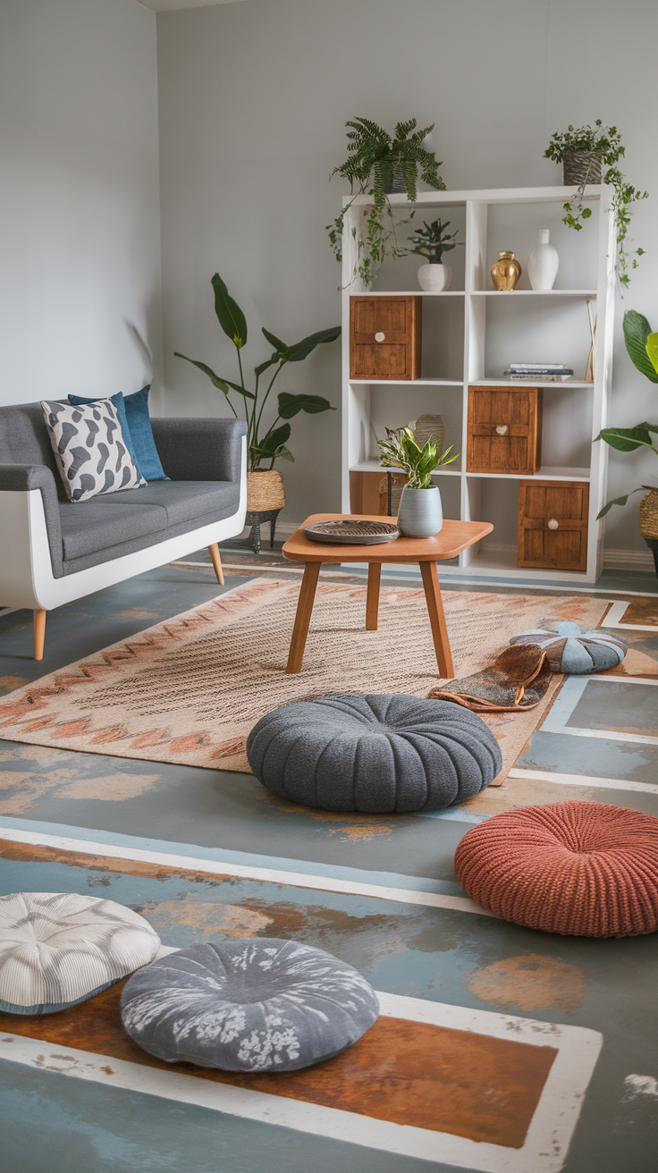 A cozy living room featuring a layered epoxy floor with various patterns and colorful cushions.