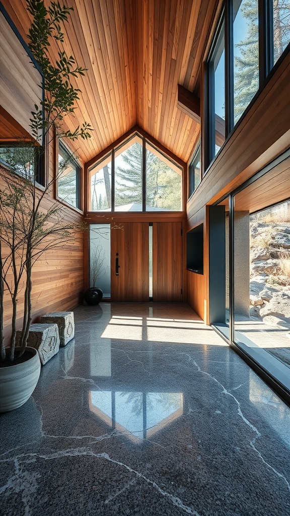 A modern patio area showcasing layered pebble epoxy flooring with a natural look, surrounded by a hillside landscape.