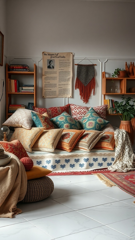 Cozy living space with layered textiles on a white epoxy floor, featuring colorful pillows and throws.
