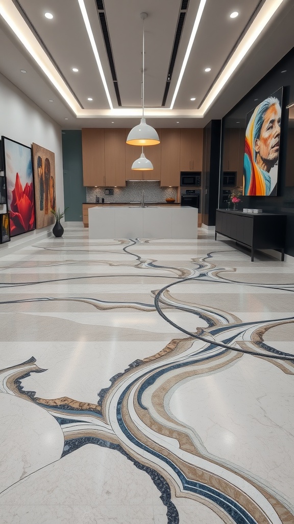 A modern kitchen with layered epoxy flooring featuring intricate designs in various colors.