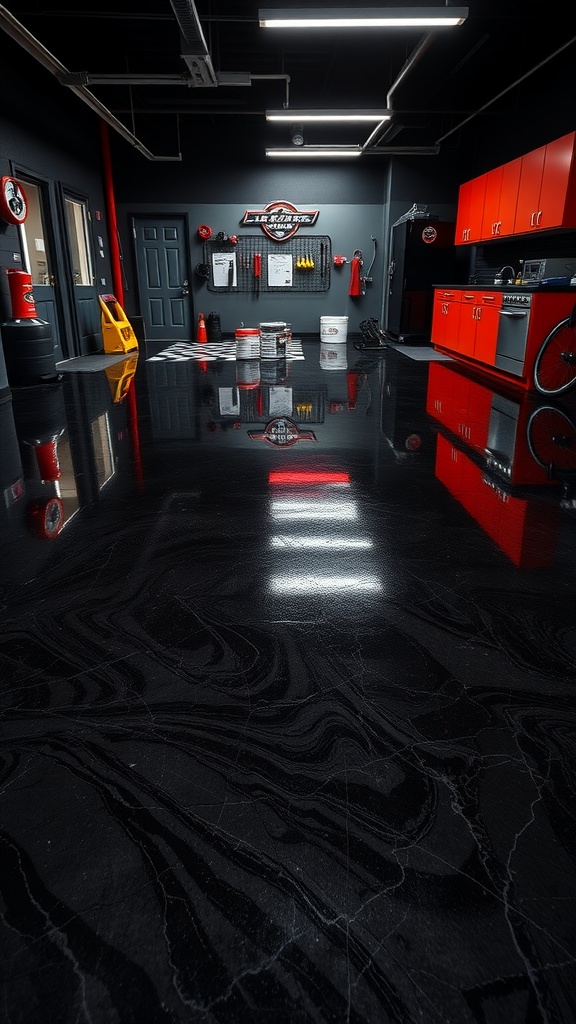 A modern garage with a glossy black epoxy floor and red cabinets