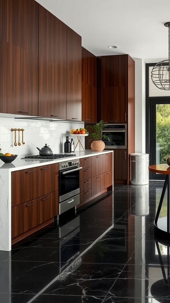A modern living room with brown epoxy floors, white cabinets, and a cozy seating area.