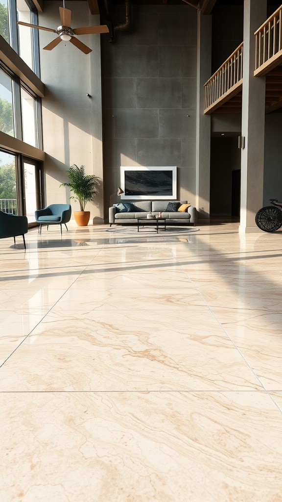 A spacious living room featuring polished concrete flooring with warm tones and a modern aesthetic.
