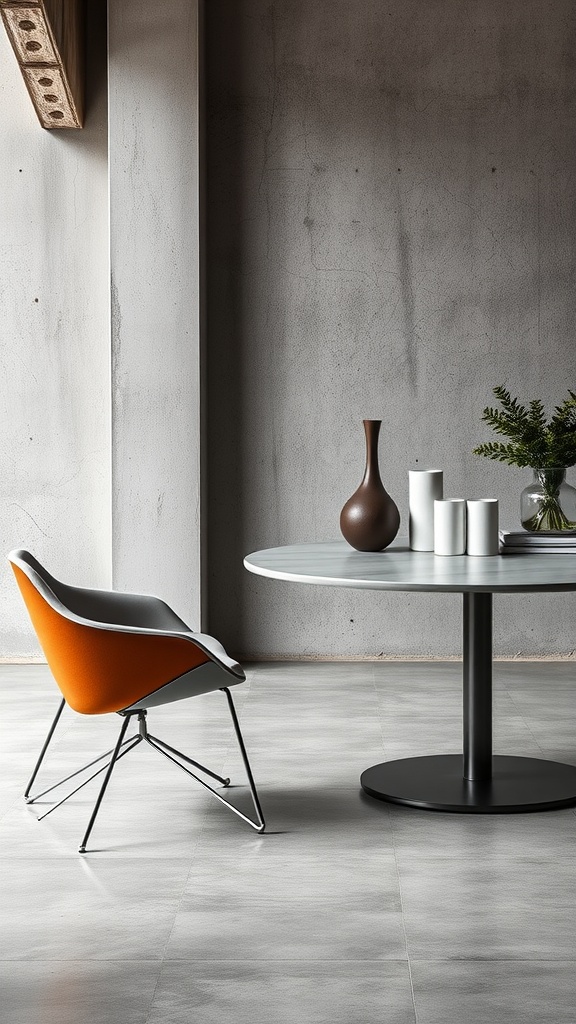 Minimalist interior featuring a grey polished concrete floor with soft lighting and a green plant in an orange pot.