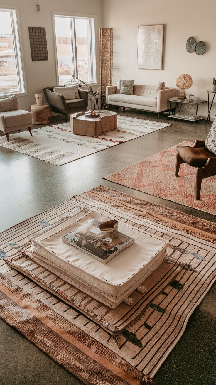 A cozy living room featuring layered rugs on epoxy flooring, with a coffee table and seating.