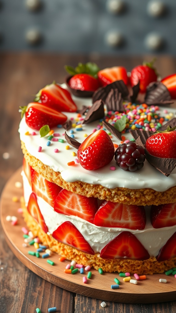 Neapolitan cake with layers of chocolate, vanilla, and strawberry flavors.