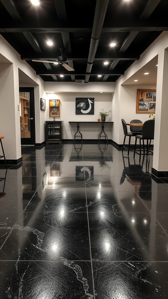 Stylish black epoxy floor in a modern basement with sleek design and lighting